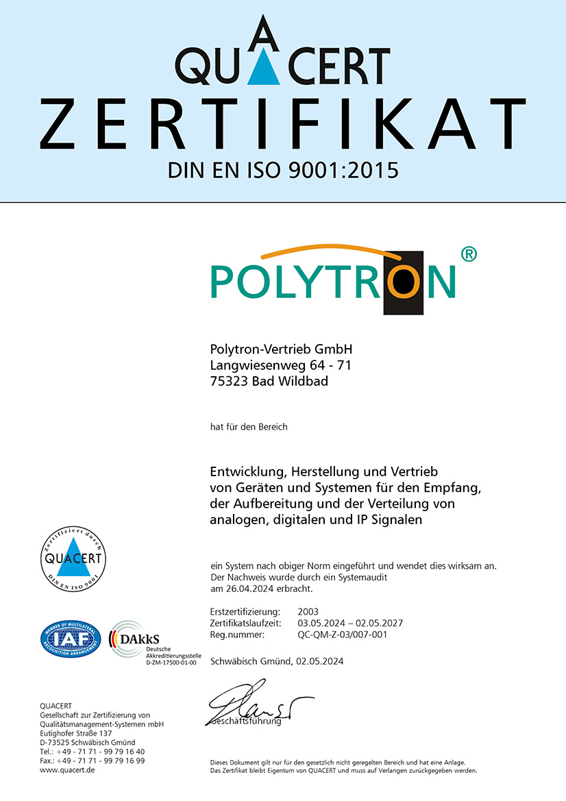 Polytron Zertifikat ISO 9001:2015